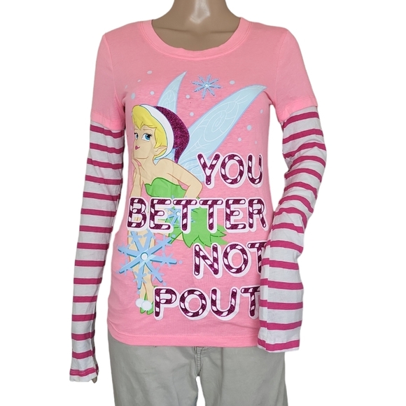 Disney Other - Disney Girls Long Sleeve Tinker Bell You Better Not Pout Shirt Pink White